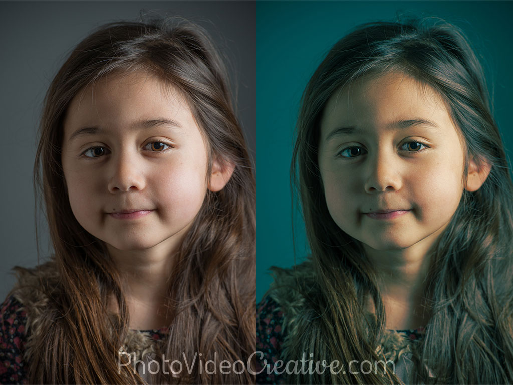 Normal and color-shifted photo portrait with a color palette