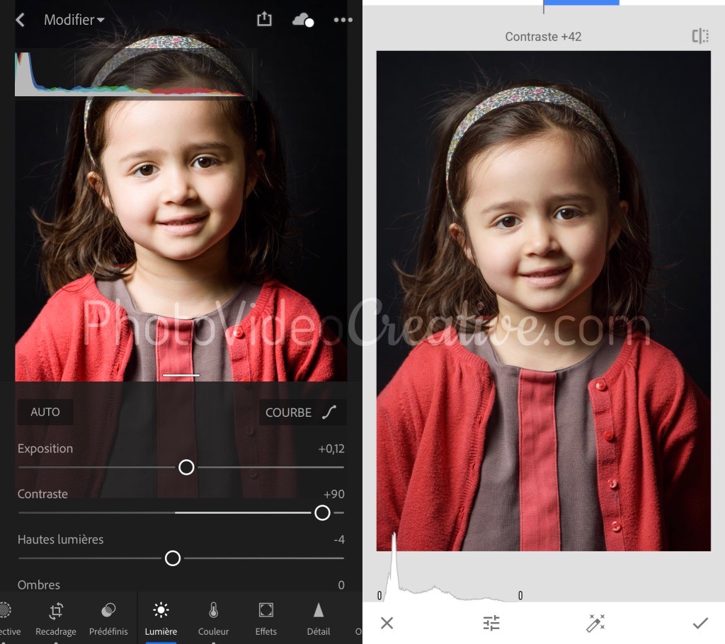 Développement de contraste global dans Adobe Lightroom et Google Snapseed