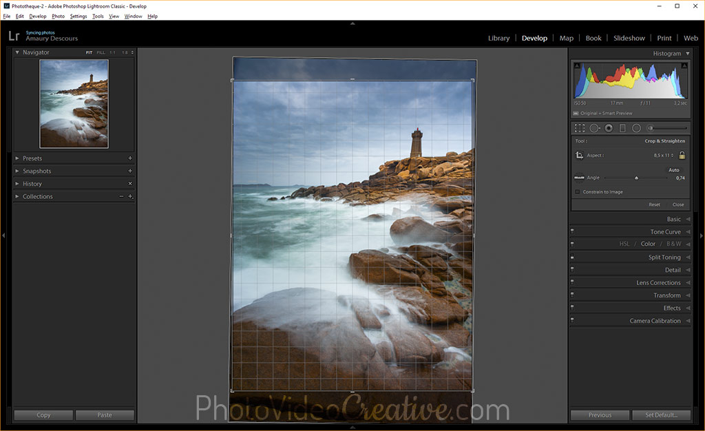 Corrected horizon line to be straight in Adobe Lightroom