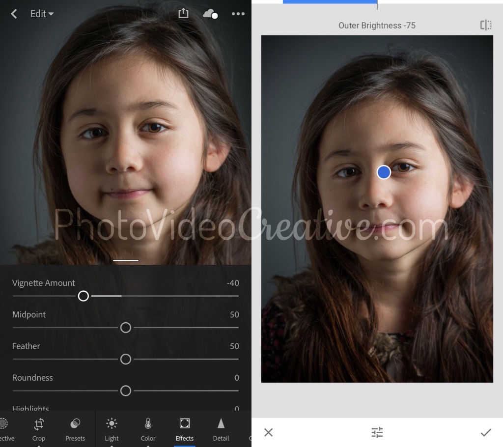 Vigneting tool in Adobe Lightroom Mobile and Google Snapseed